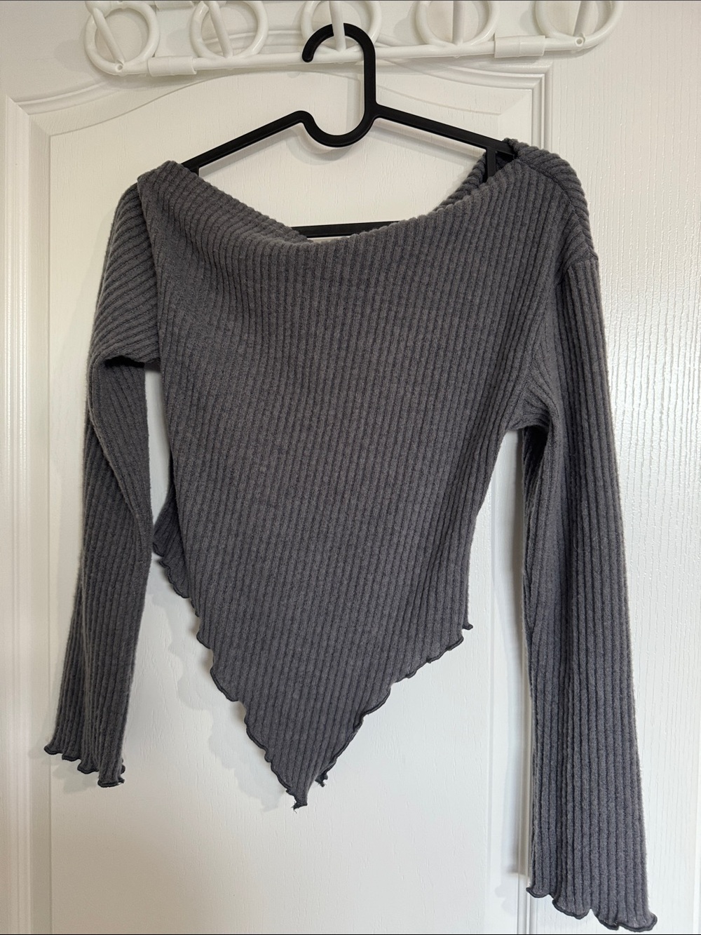 SHEIN Ribbed Off-the-Shoulder Asymmetric Hem Sweater - Charcoal
